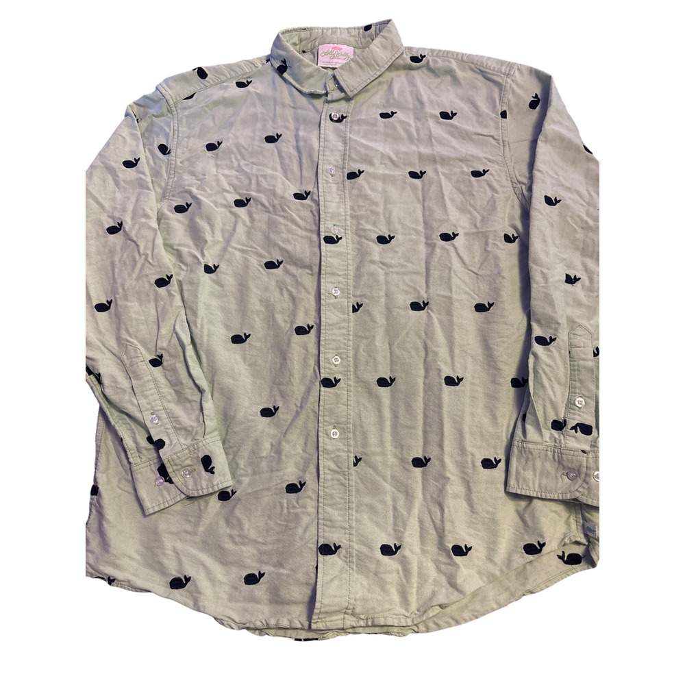 Polly Wolly Doodle Womens Green Navy Whale Embroidered Button Down Shirt Large